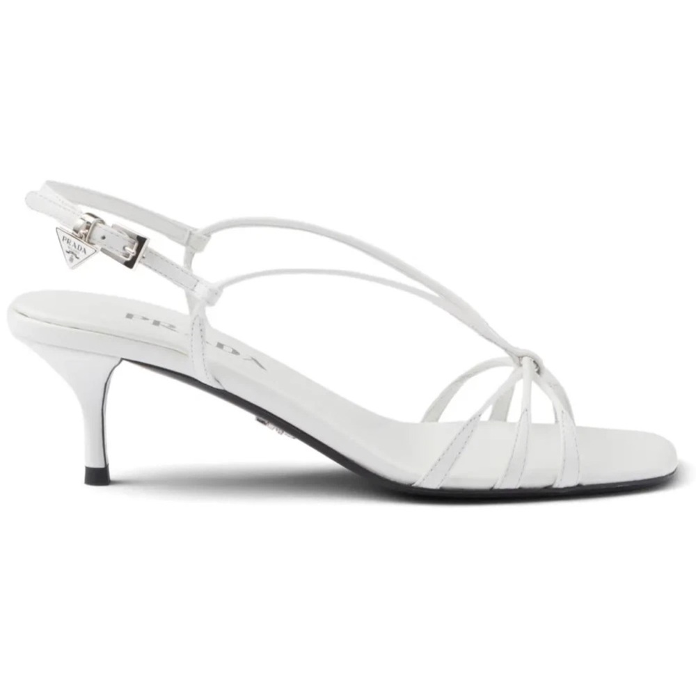 Prada Capretto Strappy 55mm White Leather Slingback Sandal Mule Kitten Heel 39